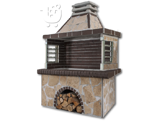PoulaTo: Ψησταριά κήπου - Barbecue garden - Gartengrill - BBQ  με ακανόνιστο πορόλιθο και καφέ πυρότουβλο, CODE 0103 SXISTOLITHOS