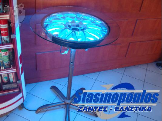 PoulaTo: διακοσμητικό τραπέζι ζάντα 19' γυάλινο με φωτισμό μπλε led