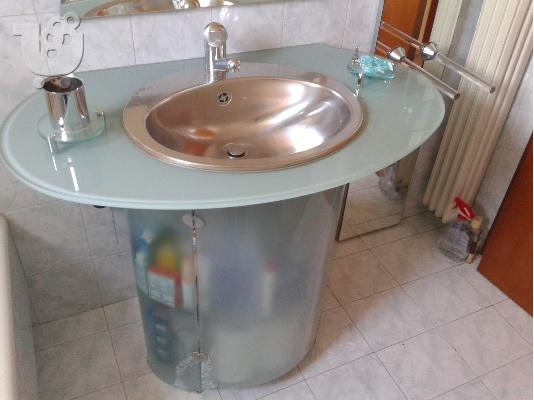 PoulaTo: Επιπλο μπάνιου γυάλινο αμμοβολή με καθρέπτη και στήλη